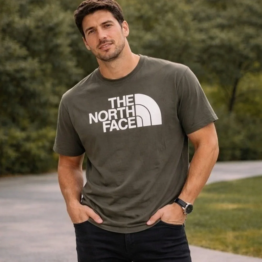 The North Face Logo Cotton Blend T Shirt Mens‎ XL Olive Green Outdoor Tee